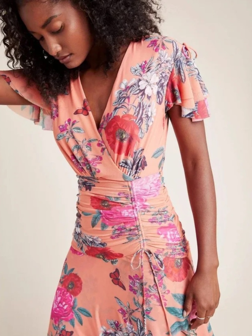 Anthropologie Maeve Simone Floral Butterfly Wrap Midi Dress Coral Pink